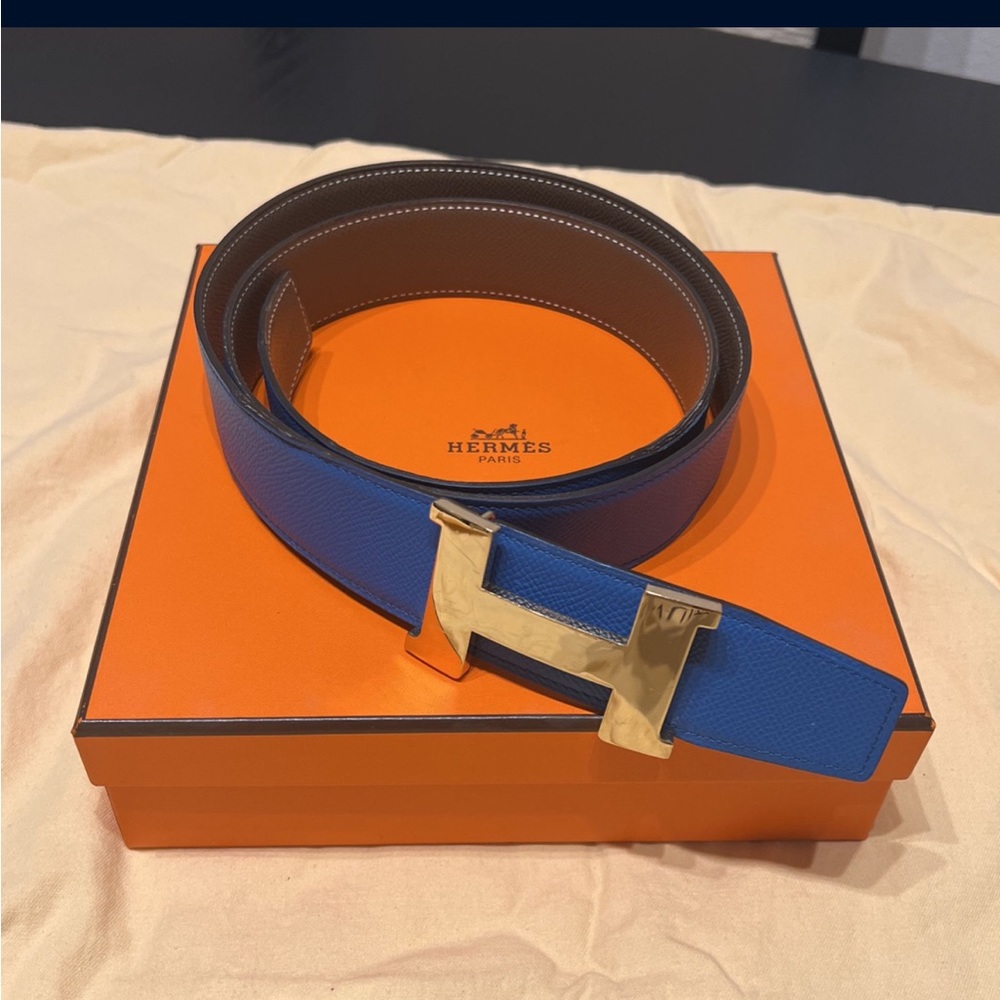 HERMÉS Mens Constance Reversible 38 mm Blue/Grey Belt Size 100v
